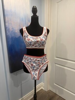 Embroidered Floral High-Waist Bikini Set in White & Red